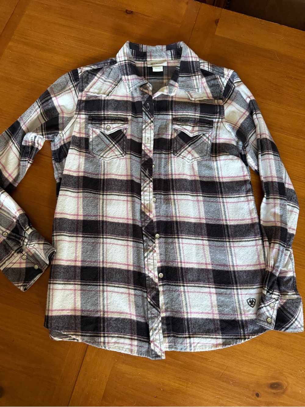 Ariat Black, White & Pink Plaid Snap-Front Button Down Shirt